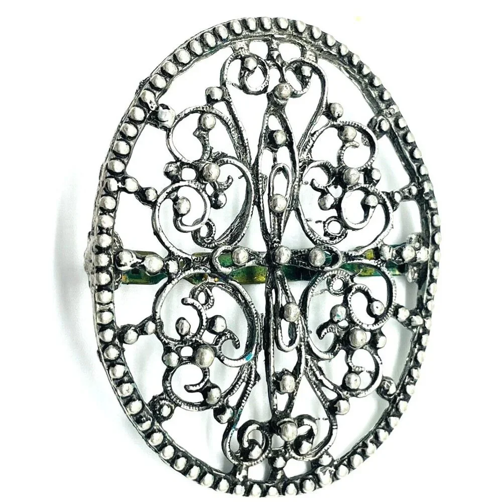 Vintage Belt Buckle Silver Tone Filigree Oval Western Scroll Design